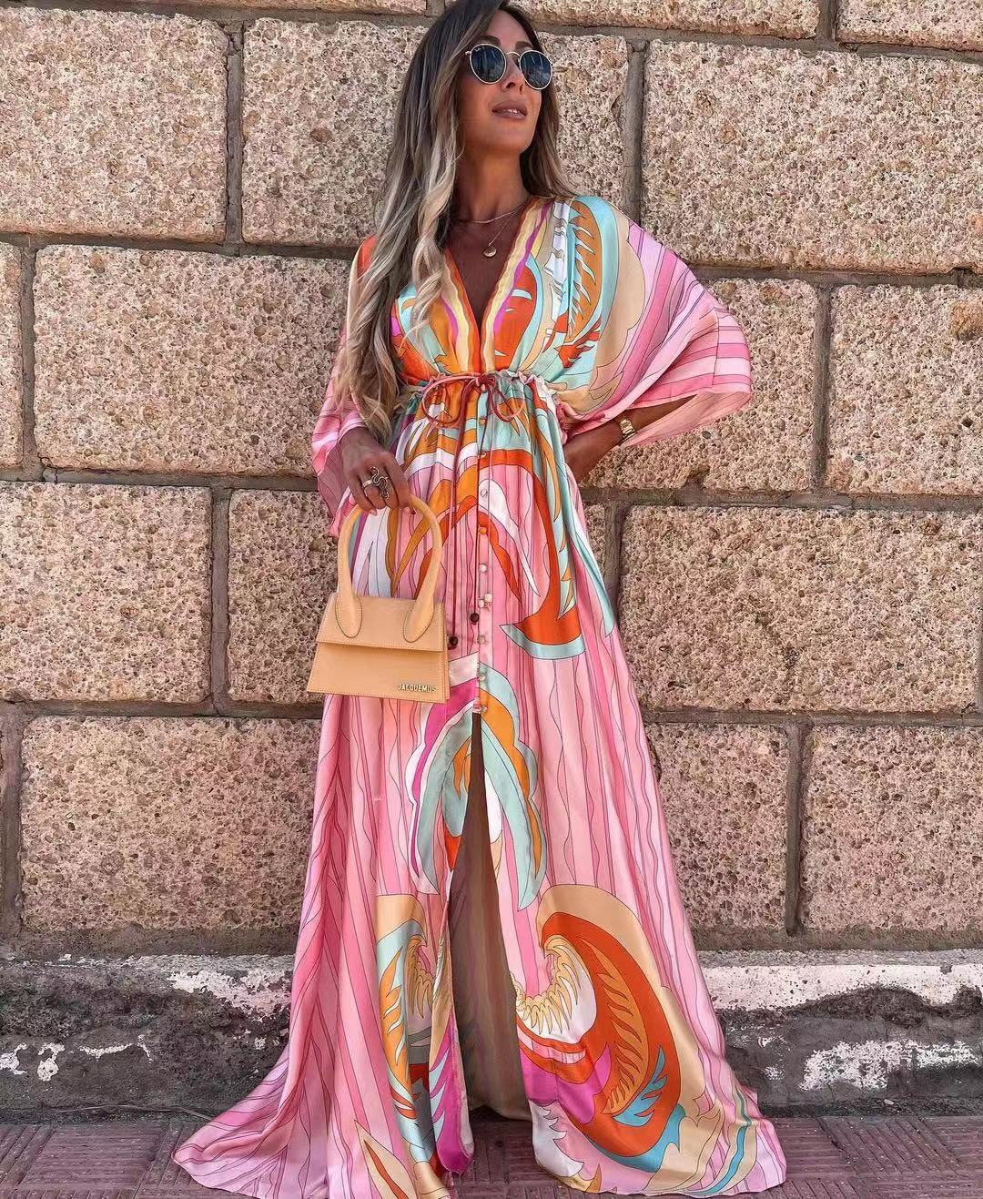 Vestido Longo Estampado de Manga Curta com Decote em V Feminino