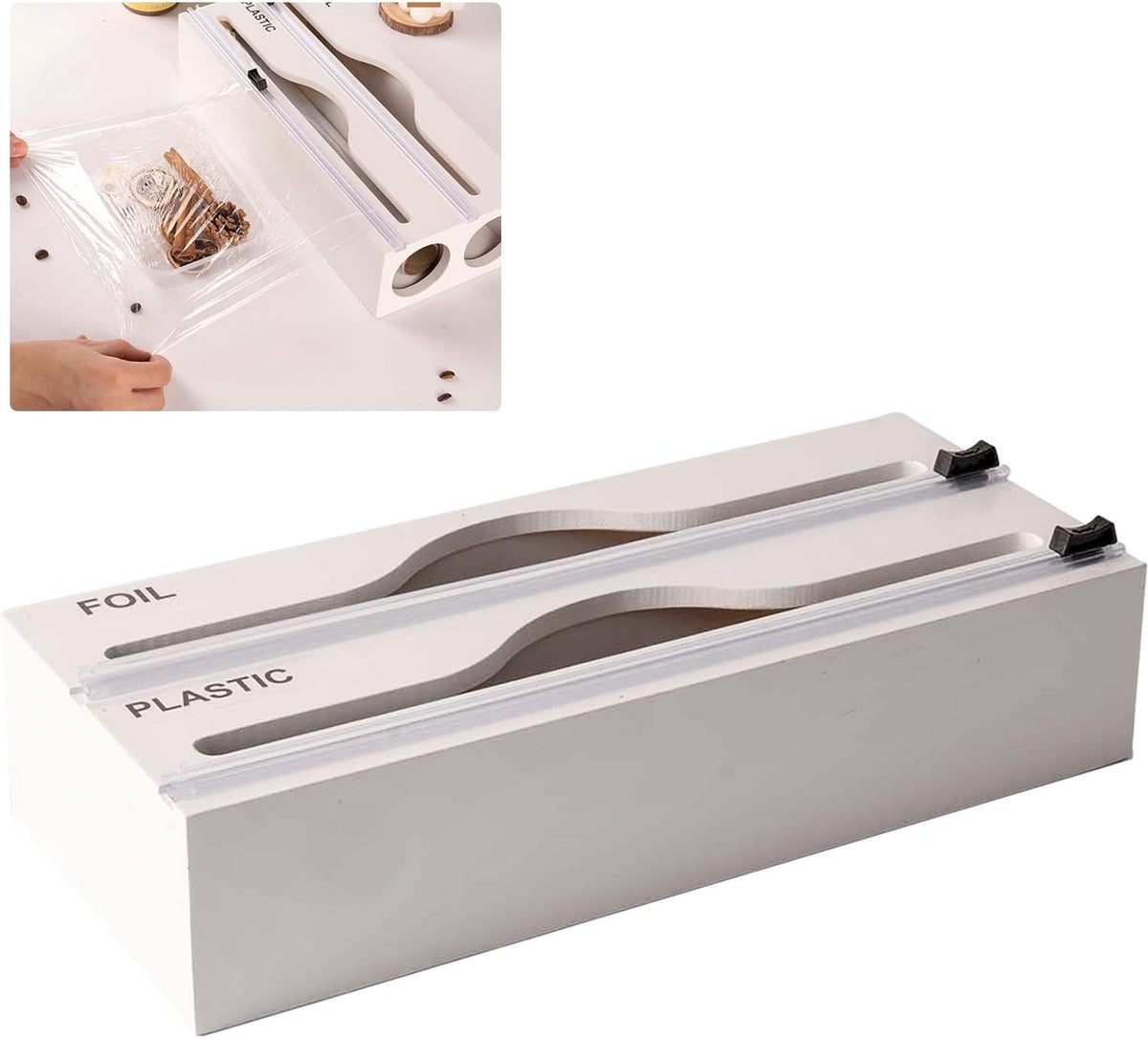 Organizador 3 em 1 de Bambu para Filme Plástico, Papel Alumínio e Papel Manteiga, com Cortador e Etiquetas, para Cozinha
