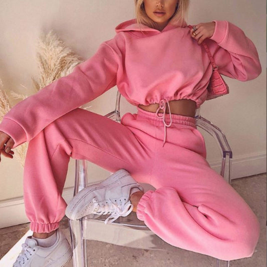 Conjunto Feminino de Moletom de 2 Peças com Capuz de Manga Longa, Casual, Roupa Esportiva Fitness