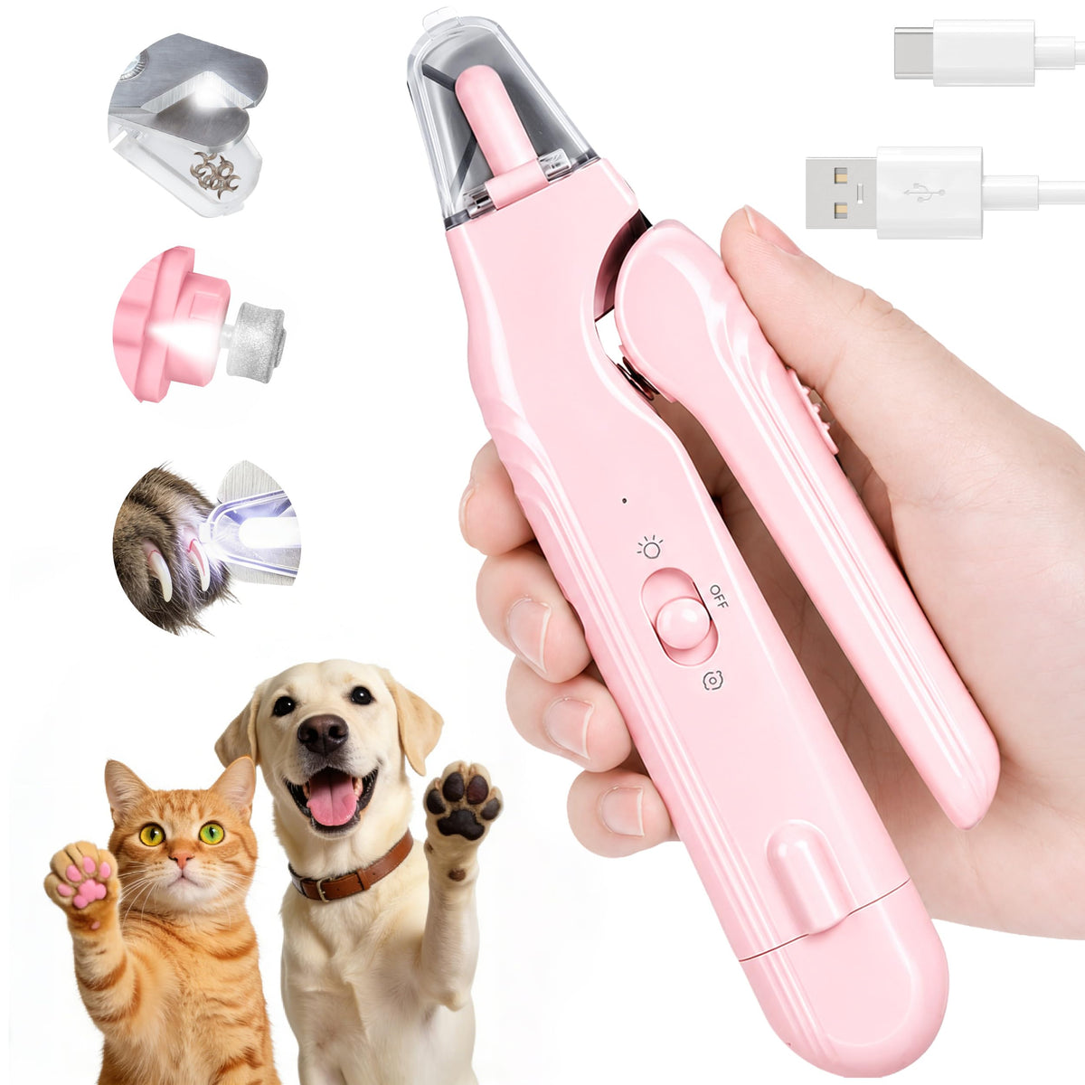 Cortador e Lixa de Unhas 2 em 1 com Luz Elétrica Silenciosa para Cães e Gatos