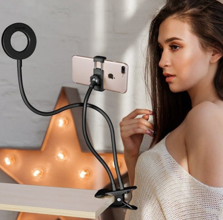 Anel de Luz LED para Selfie e Transmissões, Ajustável, Luz de Maquiagem com Suporte de 8 cm