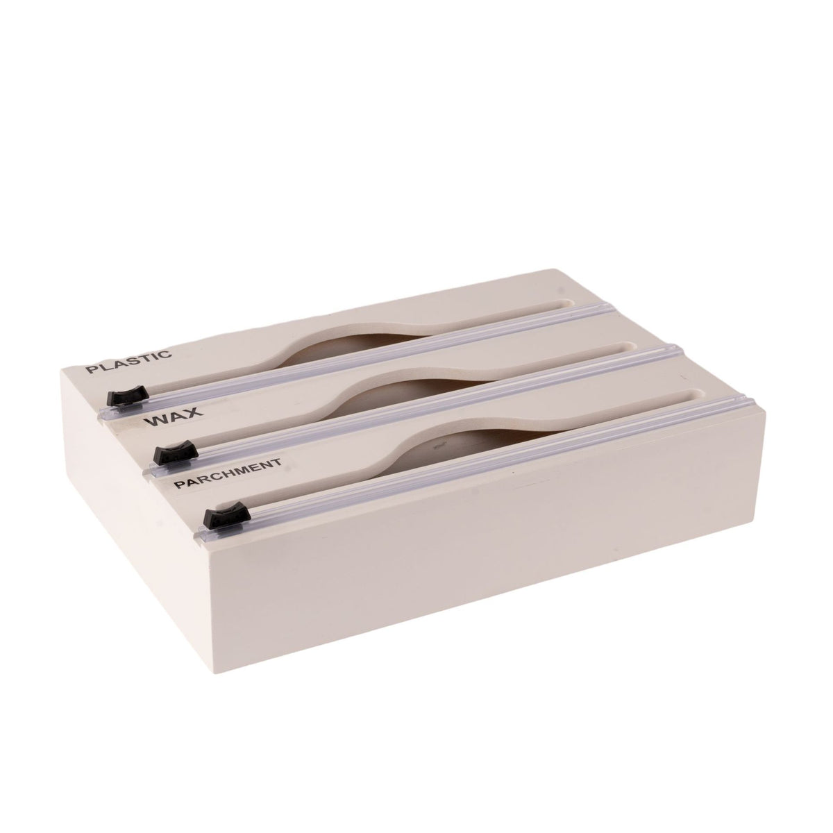 Organizador 3 em 1 de Bambu para Filme Plástico, Papel Alumínio e Papel Manteiga, com Cortador e Etiquetas, para Cozinha