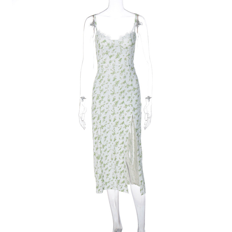 Vestido Longo de Alças com Estampa de Flores de Renda e Fenda Feminino - Verão
