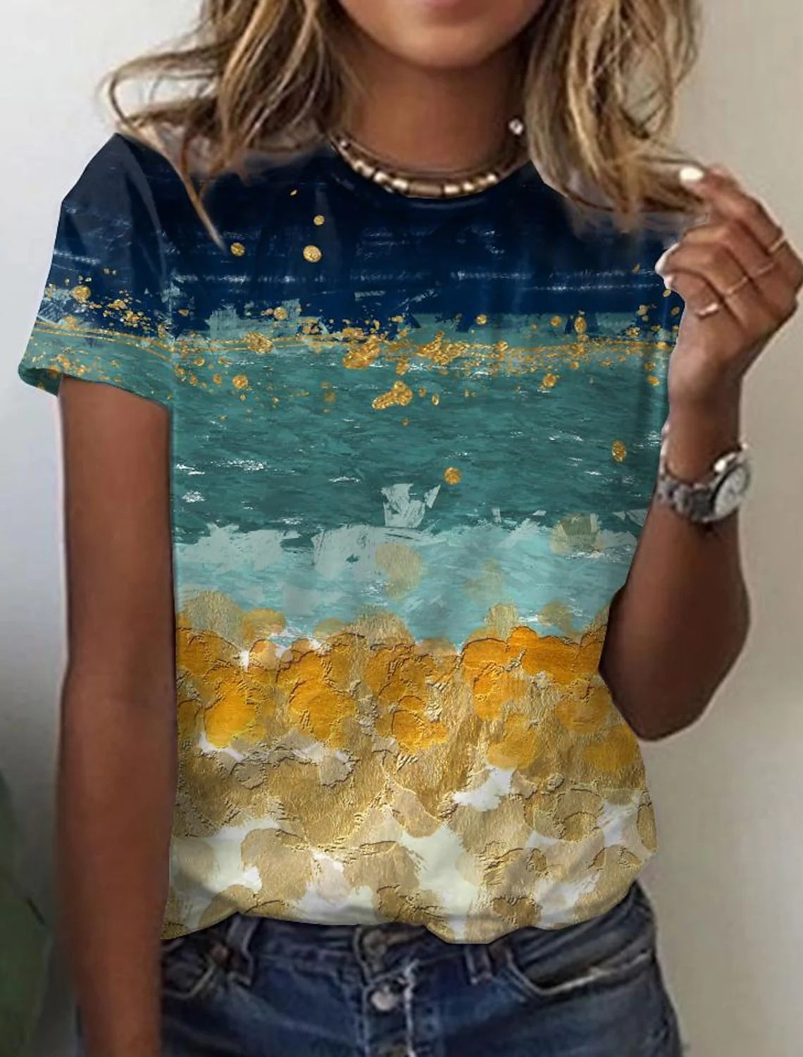 Camiseta de Manga Curta com Estampa Abstrata Retrô Feminina