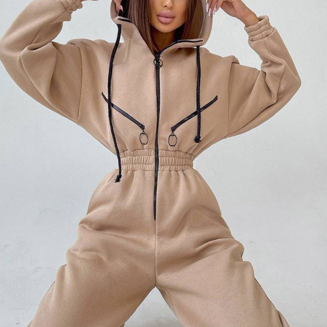 Conjunto Casual Básico de Moletom com Zíper e Cordão de Duas Peças Feminino