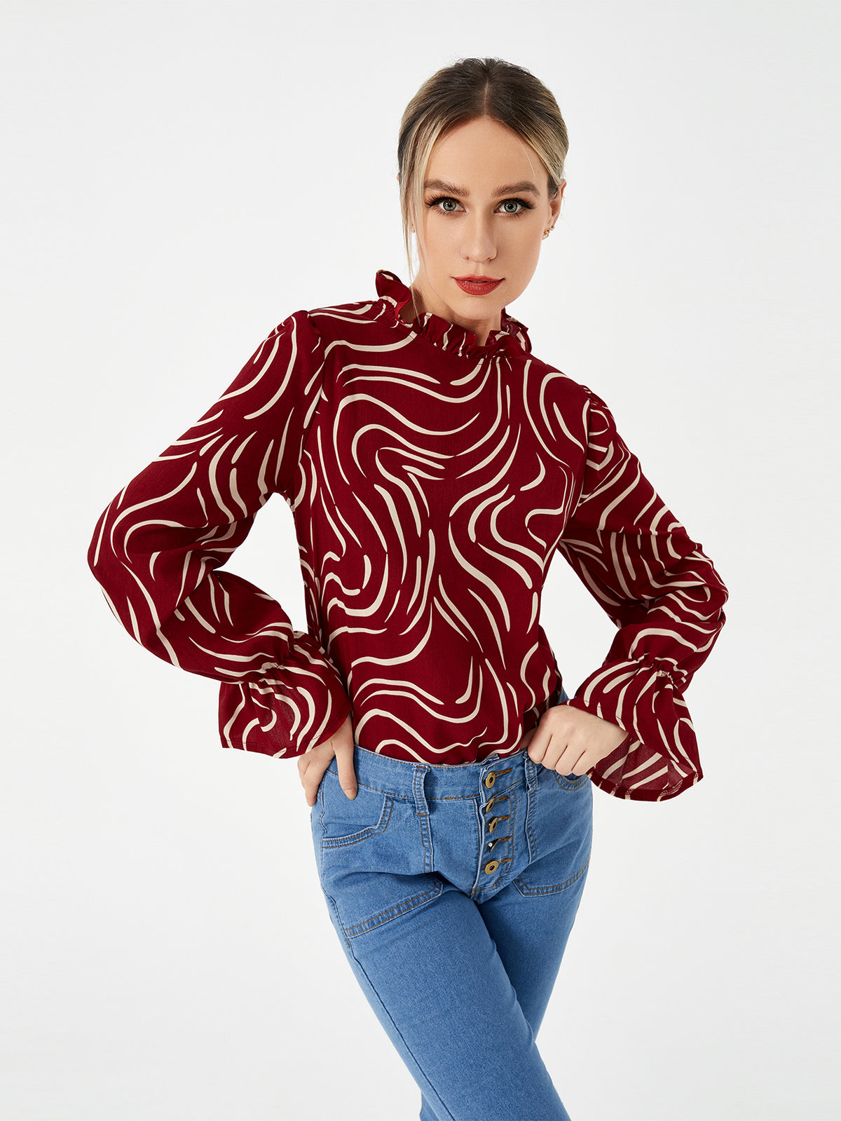 Camisa de Manga Bufante Estampada Feminina