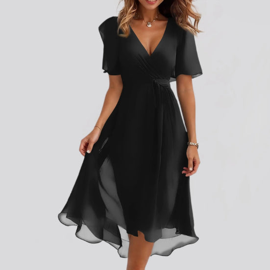 Vestido de Chiffon Estampado de Manga Curta com Decote em V Elegante Feminino - Verão