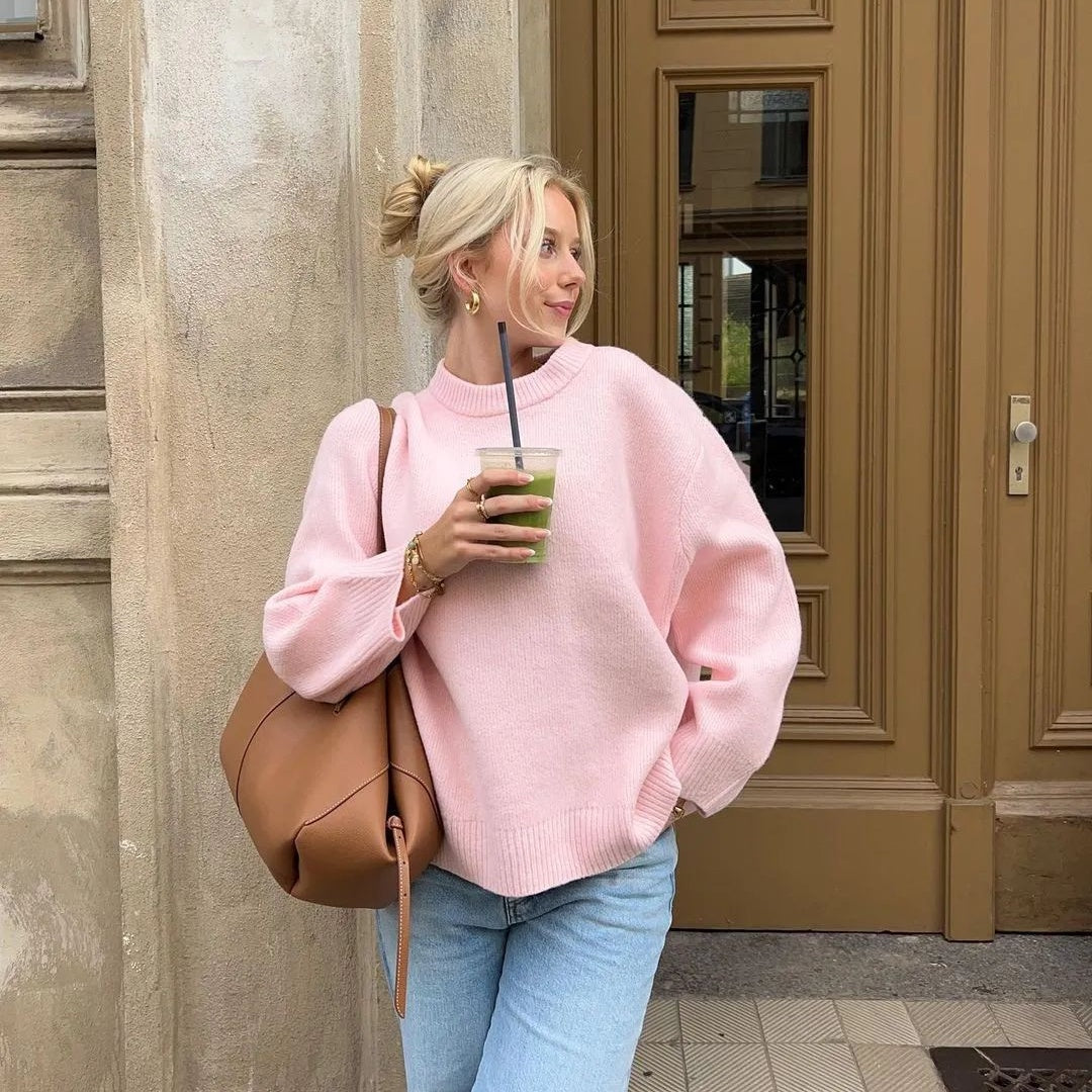 Suéter Fofo com Gola Redonda Solto de Manga Longa Feminino - Inverno