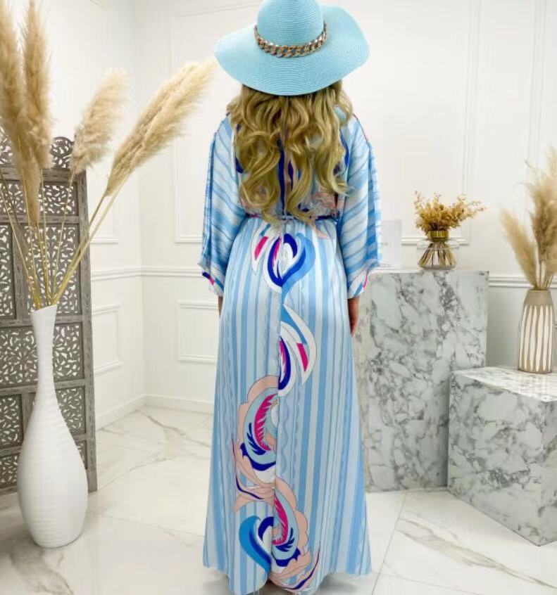 Vestido Longo Estampado de Manga Curta com Decote em V Feminino