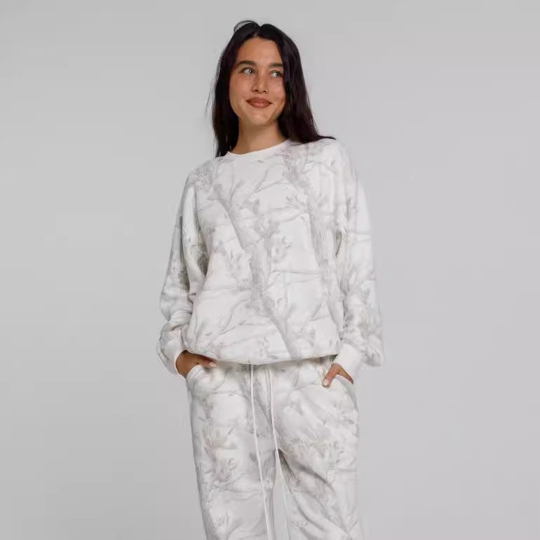 Conjunto de Duas Peças Camuflado com Moletom Estampa de Folha de Bordo - Outono e Inverno Feminino