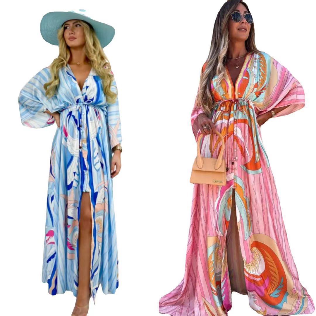 Vestido Longo Estampado de Manga Curta com Decote em V Feminino