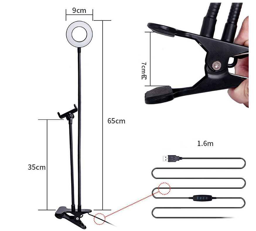 Anel de Luz LED para Selfie e Transmissões, Ajustável, Luz de Maquiagem com Suporte de 8 cm