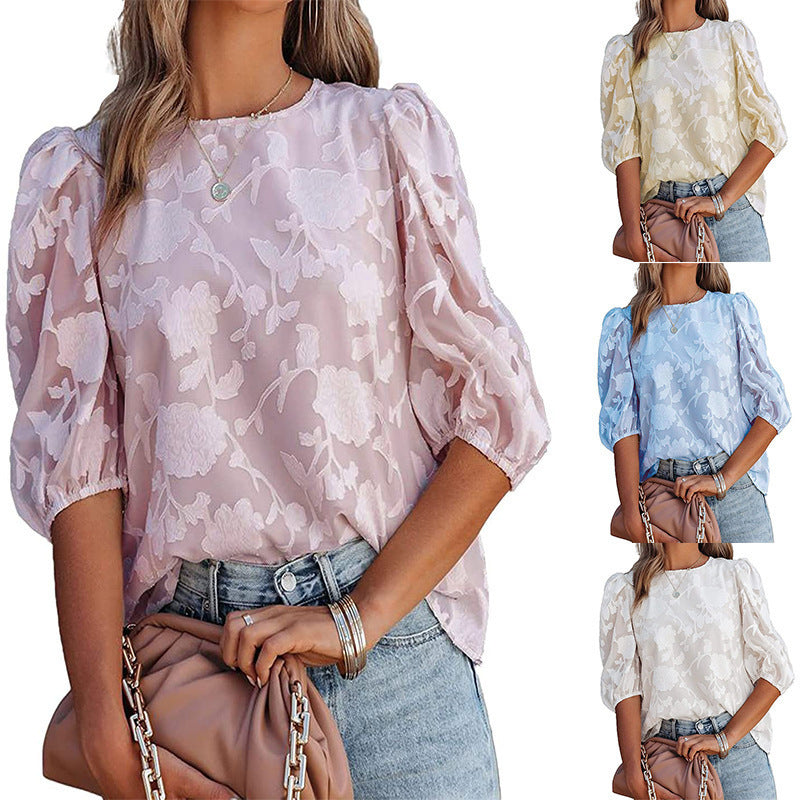 Blusa Solta de Chiffon com Manga Bufante e Textura Floral Feminina