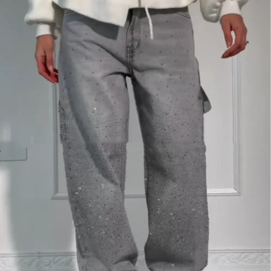 Calça Jeans Reta Brilhante com Bolsos Pantalona Solta Estilo Street Feminina