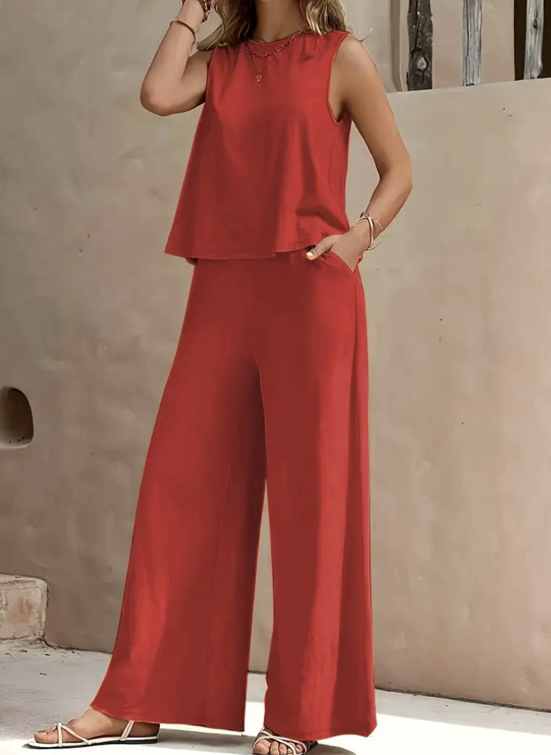 Conjunto de Calça Solta Casual Lisa de Duas Peças Elegante Feminino - Primavera e Verão