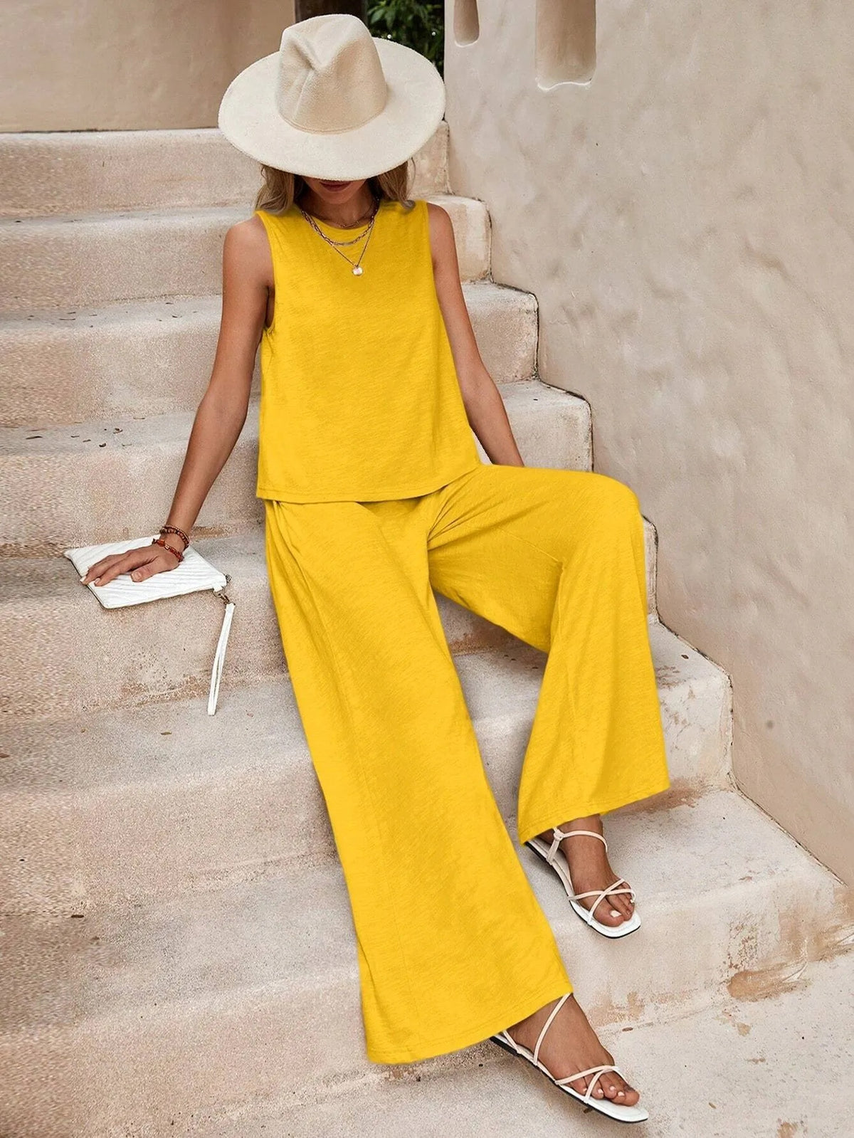 Conjunto de Calça Solta Casual Lisa de Duas Peças Elegante Feminino - Primavera e Verão