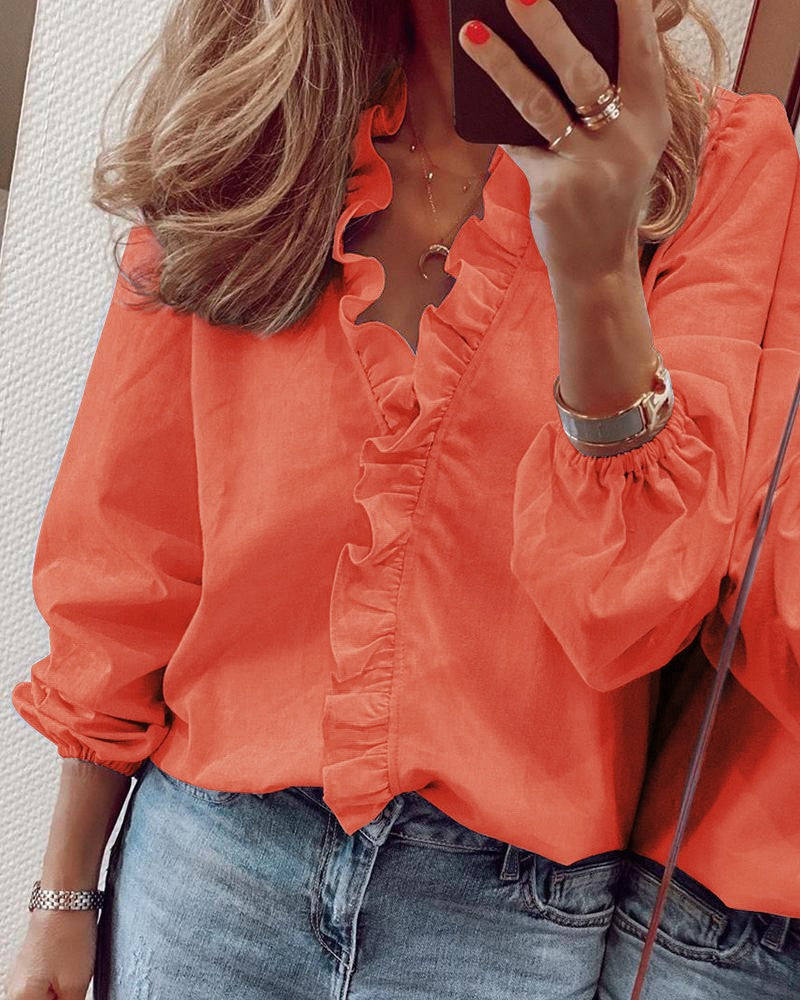 Blusa de Manga Longa com Babados Casual Feminina - Primavera e Verão