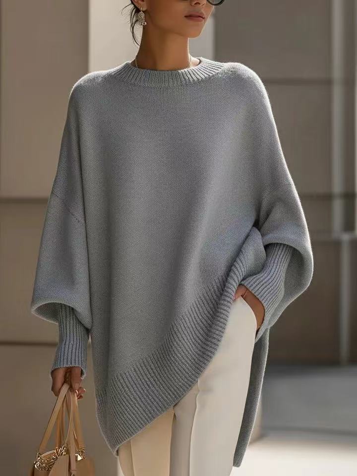 Suéter de Tricô Grosso Solto com Gola Redonda Casual Feminino - Outono e Inverno