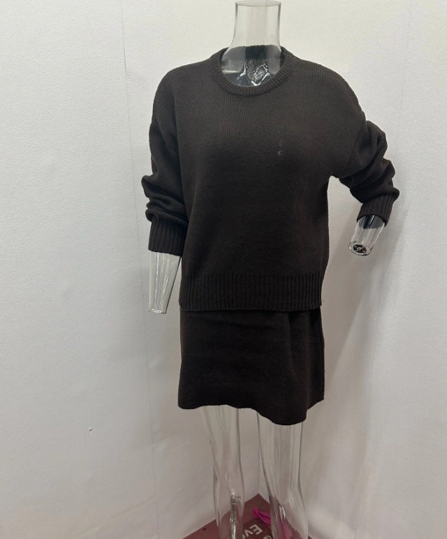 Conjunto de Suéter e Saia de 2 Peças de Tricô Casual Versátil de Manga Longa Feminino