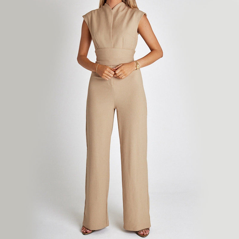 Macacão Longo Elegante Sem Mangas com Decote em V e Pantalona - Verão