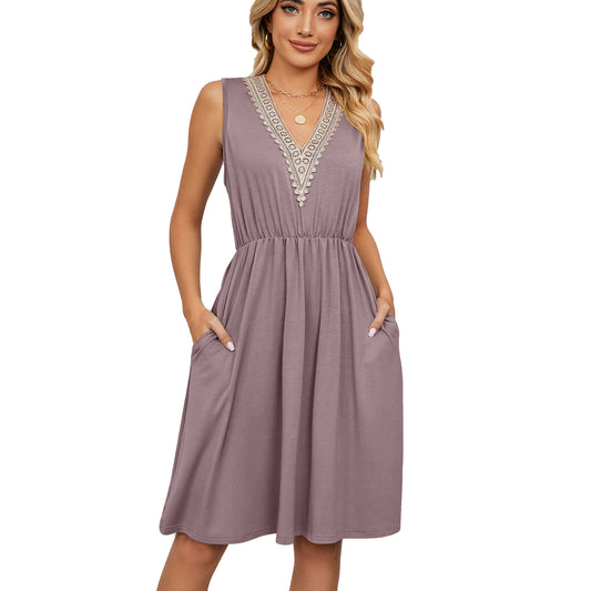 Vestido Sem Mangas com Painel de Renda, Decote em V e Bolsos Feminino