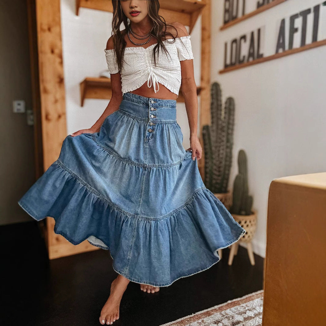 Saia Jeans Boho Evasê em Camadas