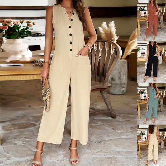 Macacão Pantalona Sem Mangas com Botões Casual Feminino