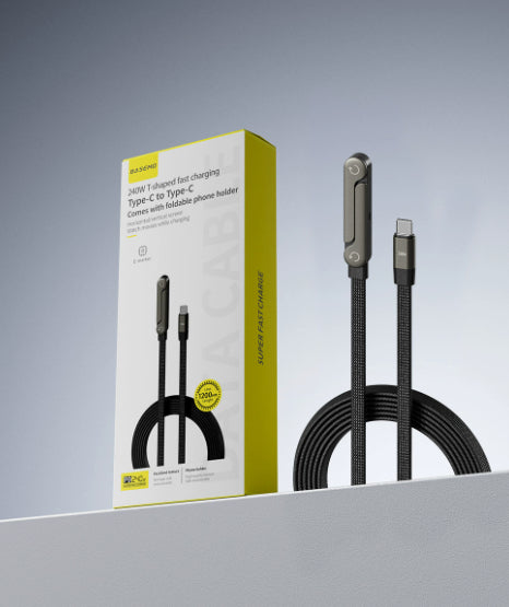 Cabo de Dados de Carregamento Rápido 2 em 1 com Suporte Dobrável para Celular e Tablet, Tipo-C para Tipo-C e USB-A para Tipo-C