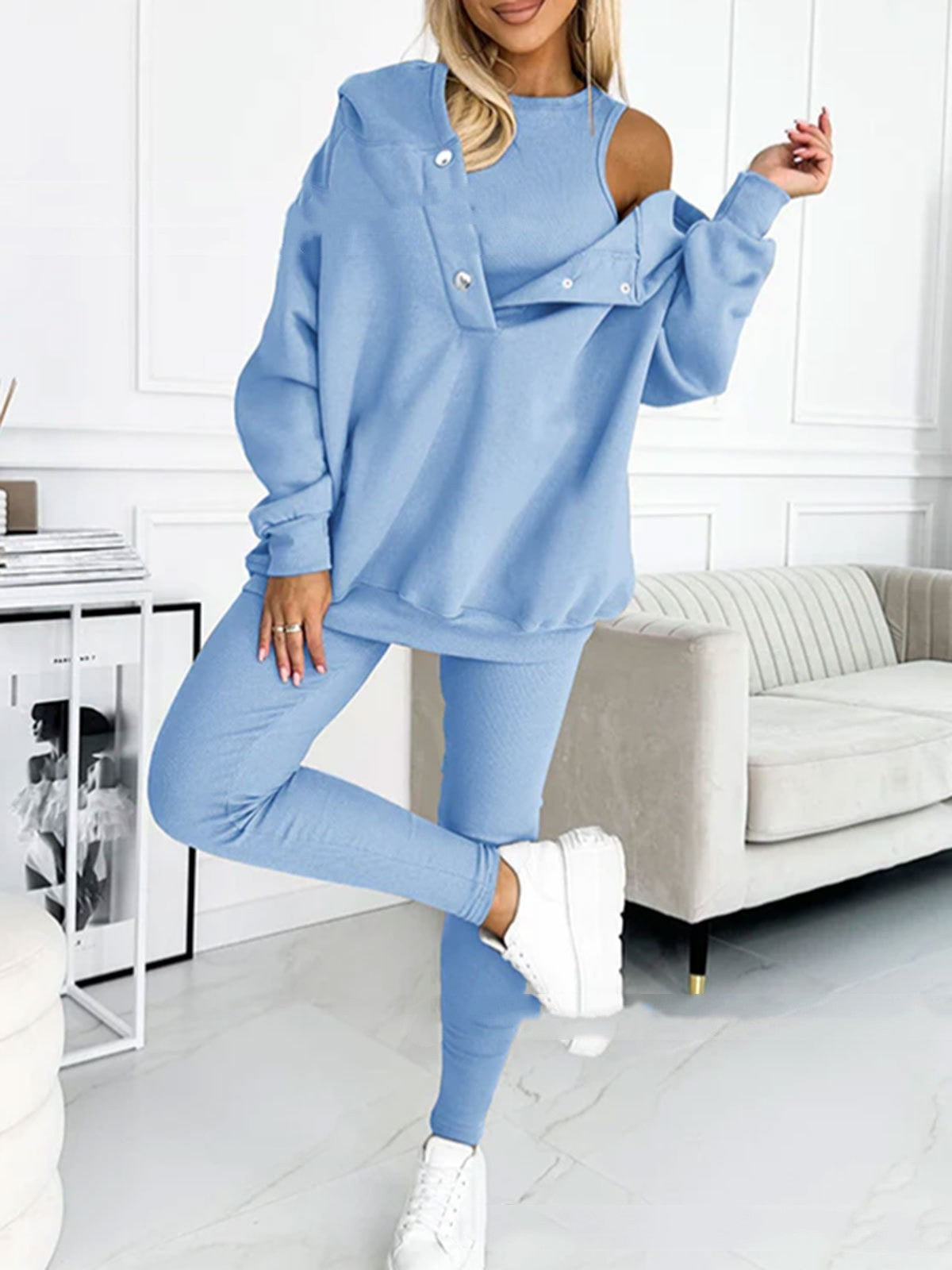 Conjunto Esportivo 3 Peças com Moletom com Capuz Solto, Colete e Calça Slim Feminino