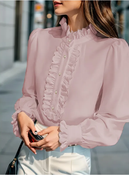 Camisa de Manga Longa com Gola Alta e Barra em Babados Moderna