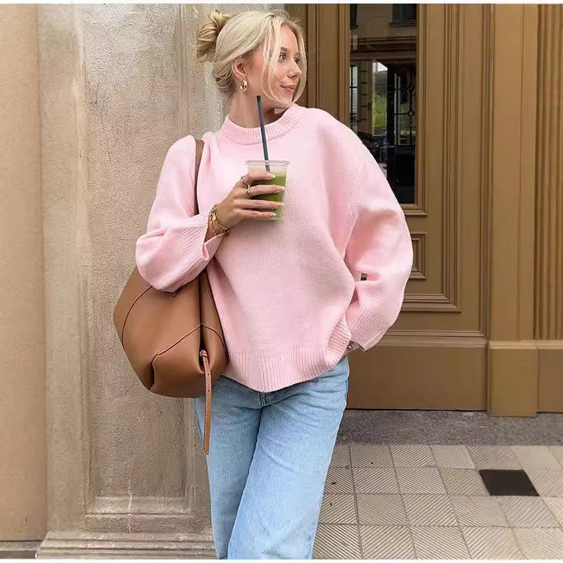 Suéter Fofo com Gola Redonda Solto de Manga Longa Feminino - Inverno