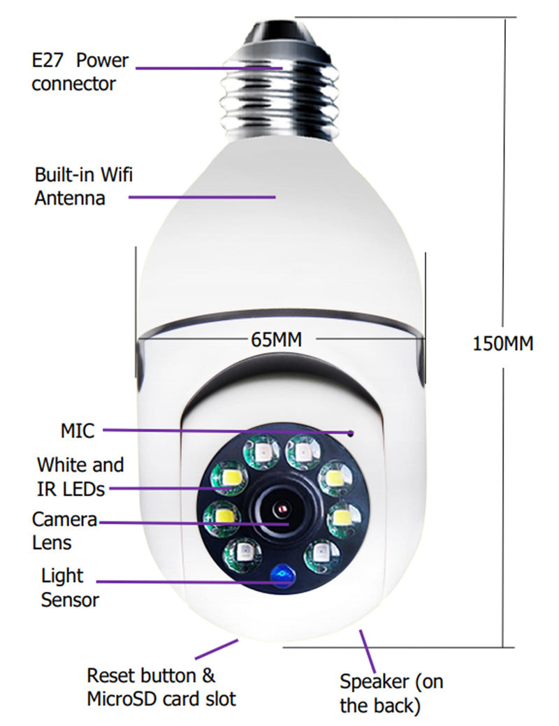 Câmera WiFi 1080P em Lâmpada E27 com Zoom 4X, Monitoramento de Alarme Doméstico 5G