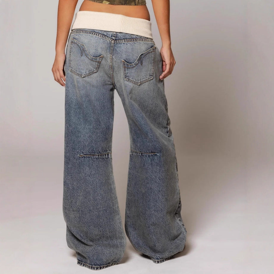 Calça Jeans Reta Solta com Bolsos Casual Estilo Street Feminina