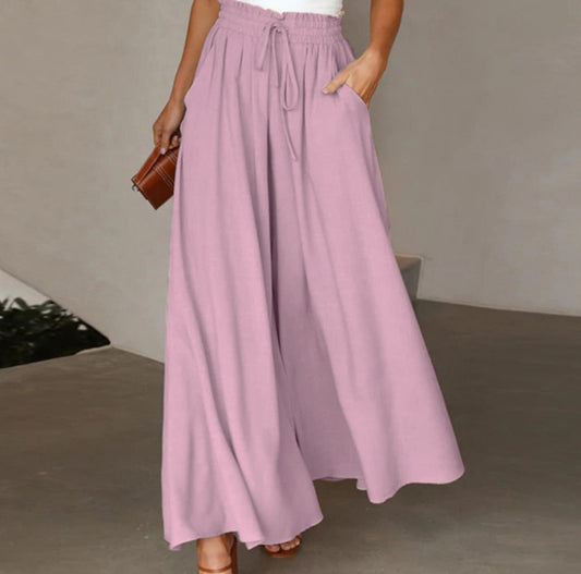Calça Pantalona de Cintura Alta com Elástico e Comprimento Longo Feminina