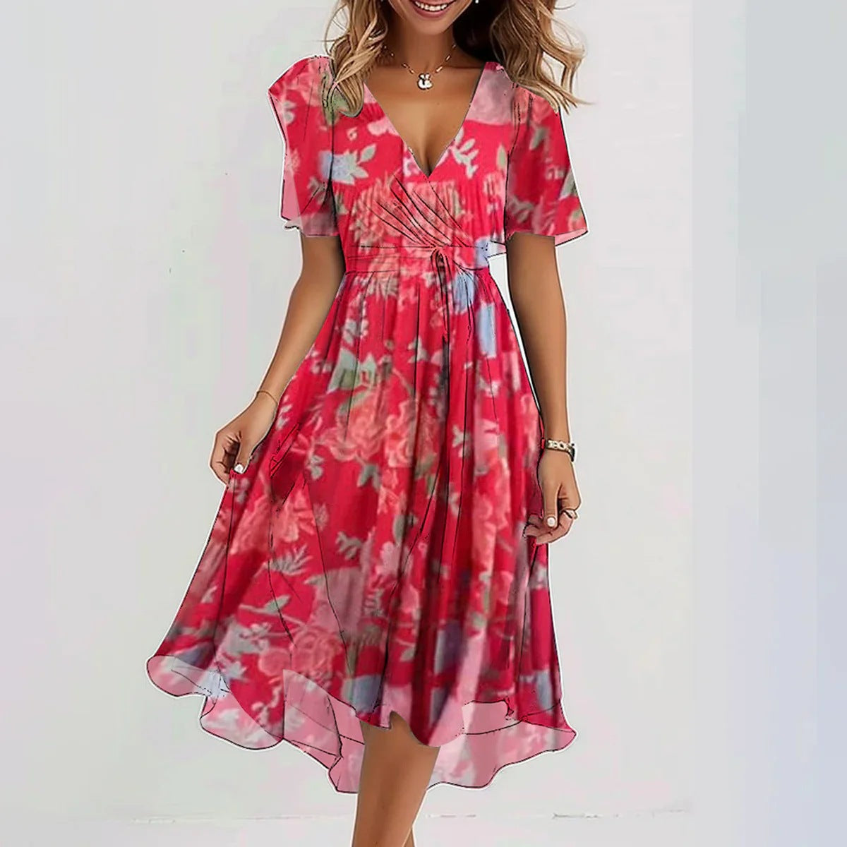 Vestido de Chiffon Estampado de Manga Curta com Decote em V Elegante Feminino - Verão