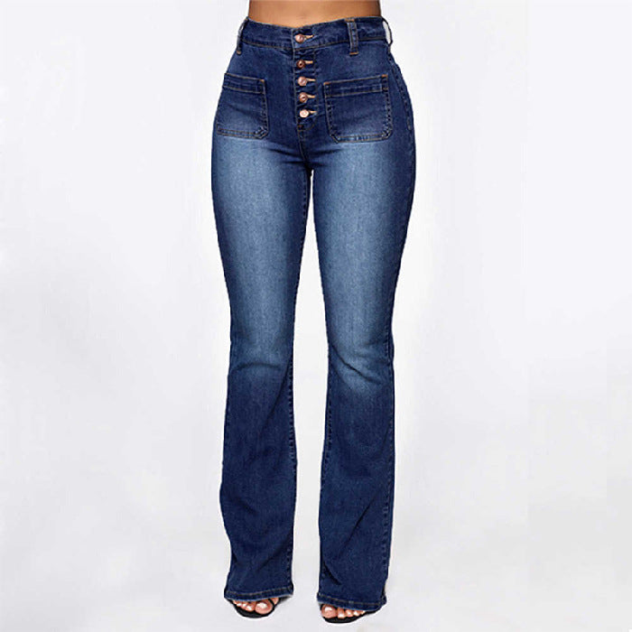 Calça Jeans Plus Size com Bolso Aplicado Lavada de Cintura Alta Feminina