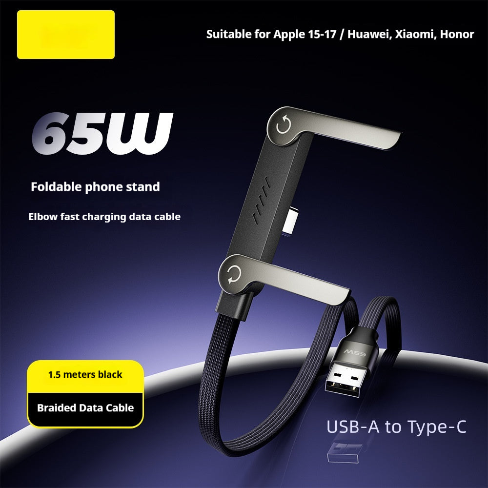 Cabo de Dados de Carregamento Rápido 2 em 1 com Suporte Dobrável para Celular e Tablet, Tipo-C para Tipo-C e USB-A para Tipo-C