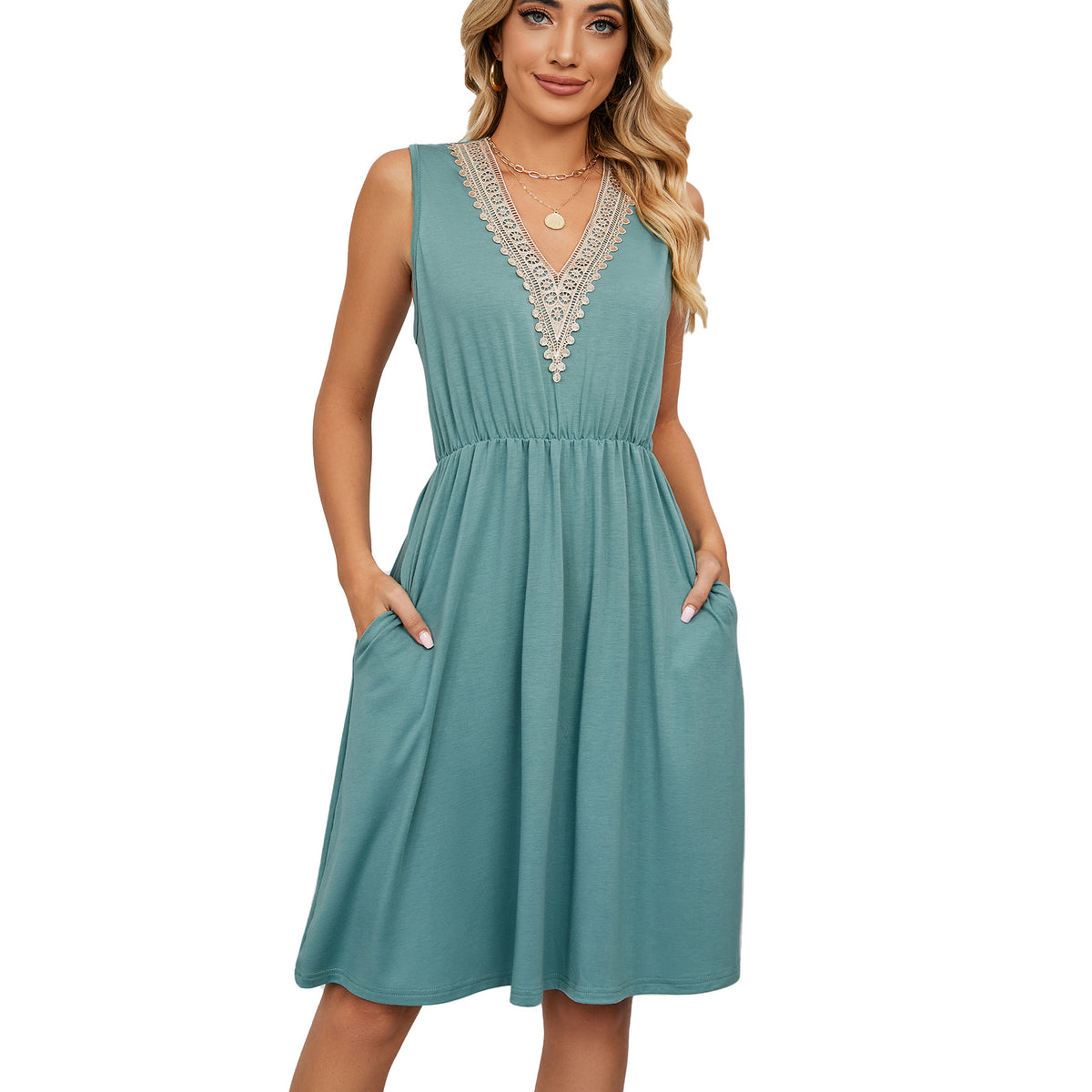 Vestido Sem Mangas com Painel de Renda, Decote em V e Bolsos Feminino