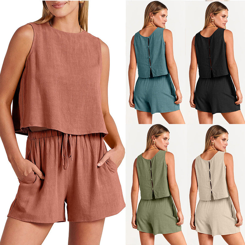 Conjunto de Verão com Blusa Sem Mangas e Short com Cordão Feminino - 2 Peças