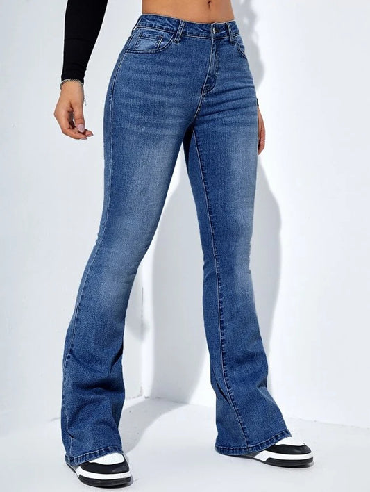 Calça Jeans Slim Flare de Cintura Alta Casual Elástica Feminina