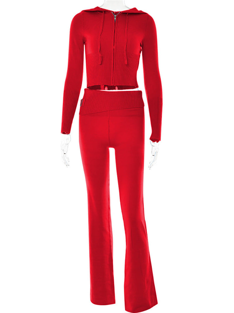 Conjunto de Moletom com Zíper de Manga Longa e Calça Longa de Cintura Alta Feminino
