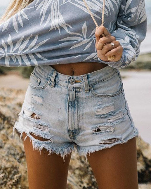 Short Jeans Rasgado com Franjas de Cintura Alta Feminino