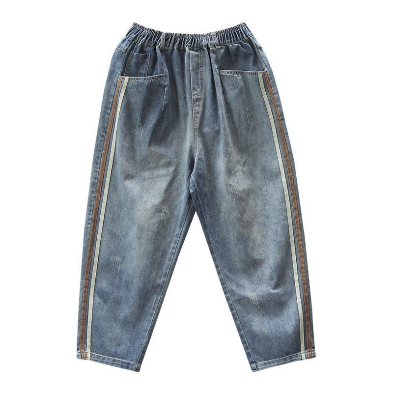 Calça Jeans com Patchwork e Listra Lateral Artística