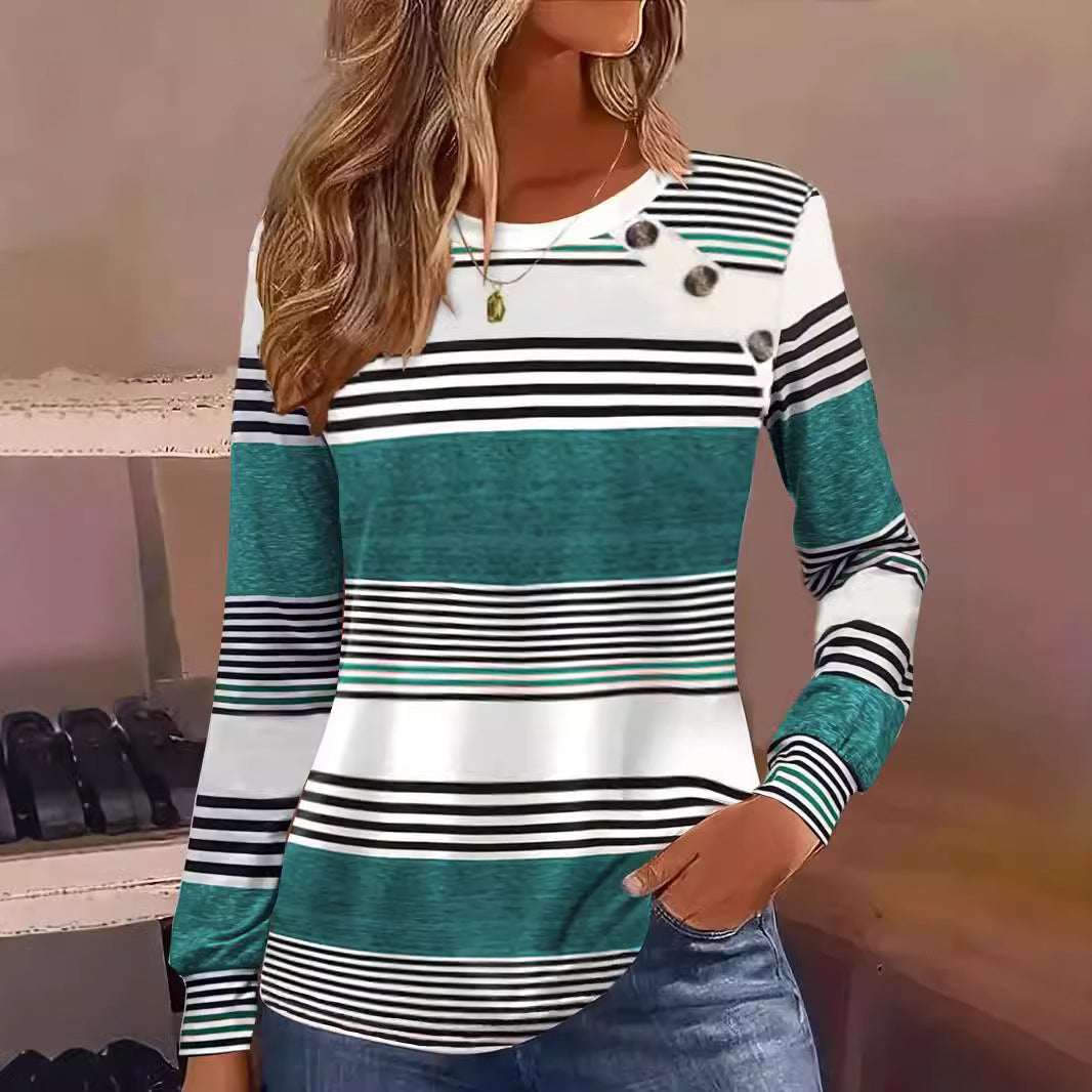 Camiseta Casual de Manga Longa Listrada com Botões Feminina