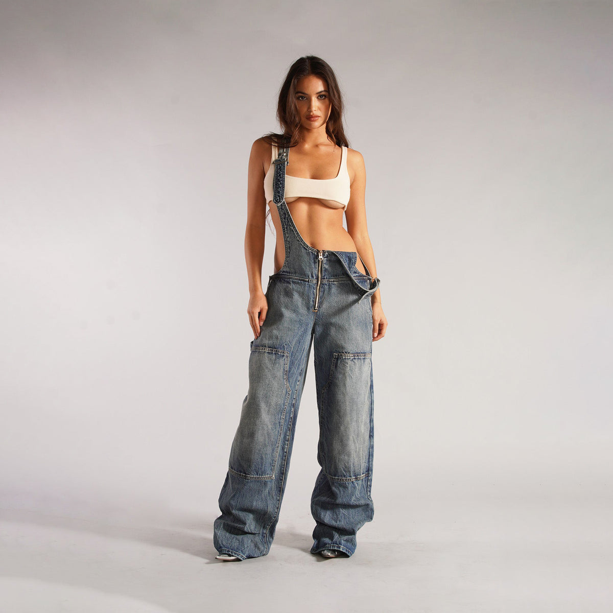 Macacão Jeans Y2K com Zíper e Bolsos Solto Estilo Street