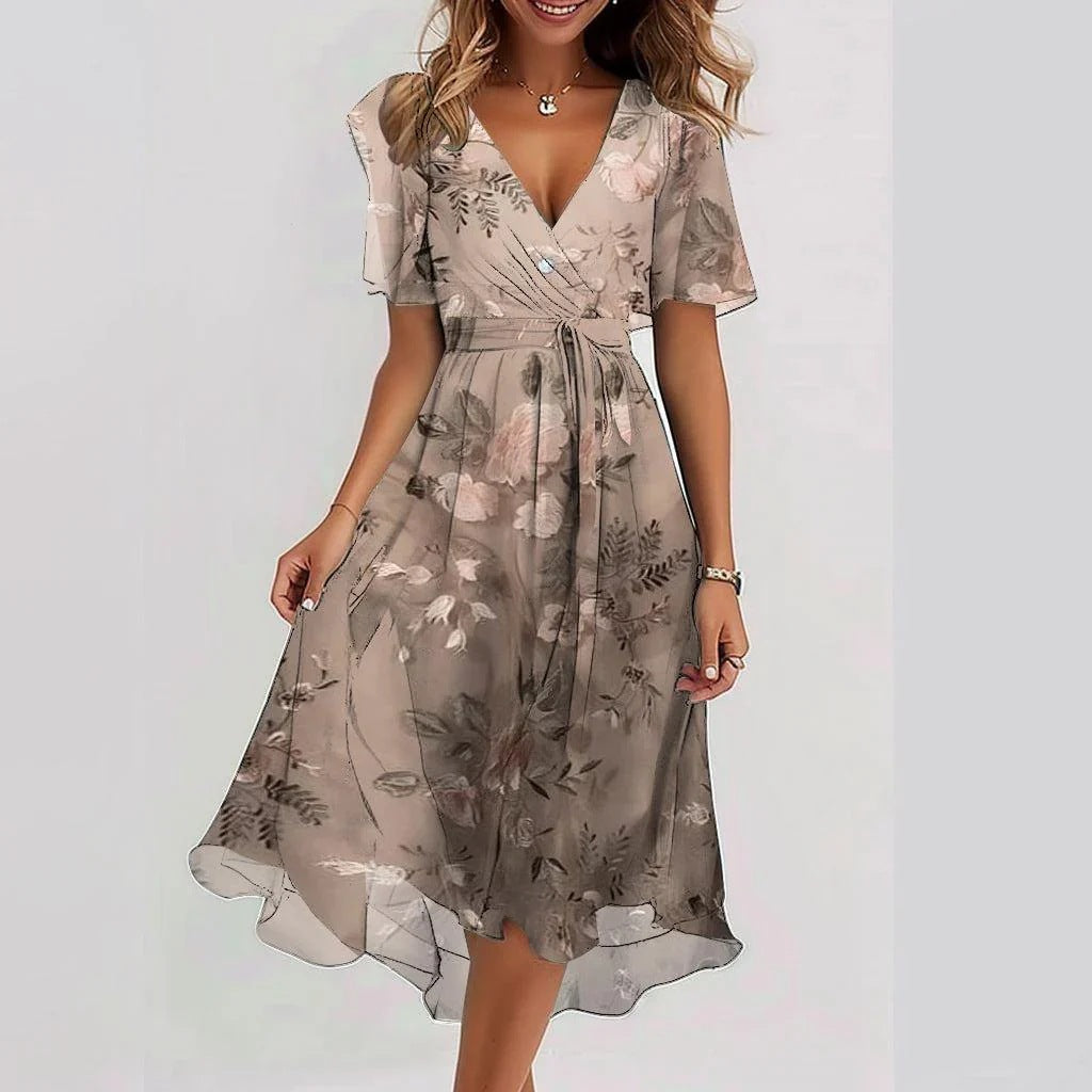 Vestido de Chiffon Estampado de Manga Curta com Decote em V Elegante Feminino - Verão