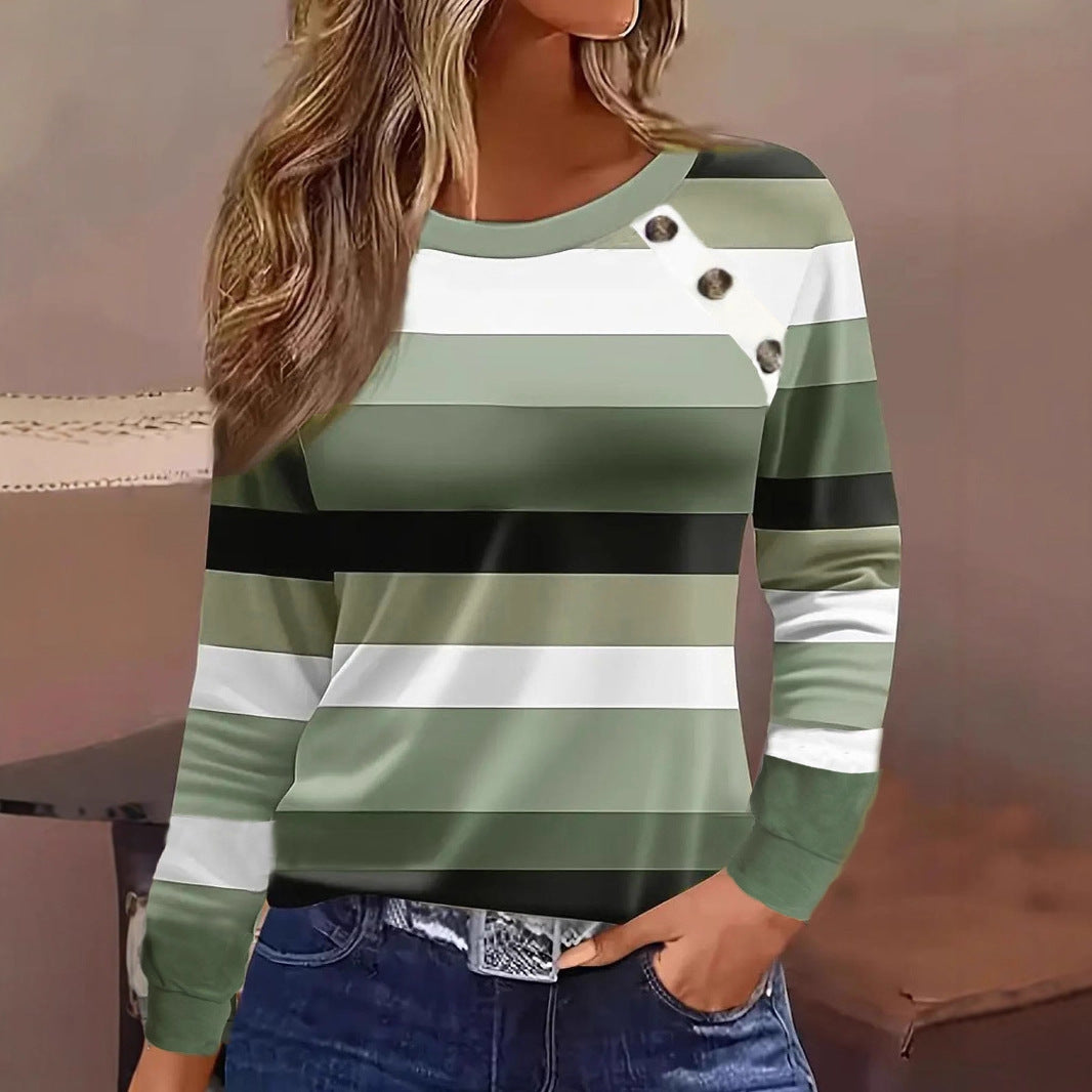 Camiseta Casual de Manga Longa Listrada com Botões Feminina