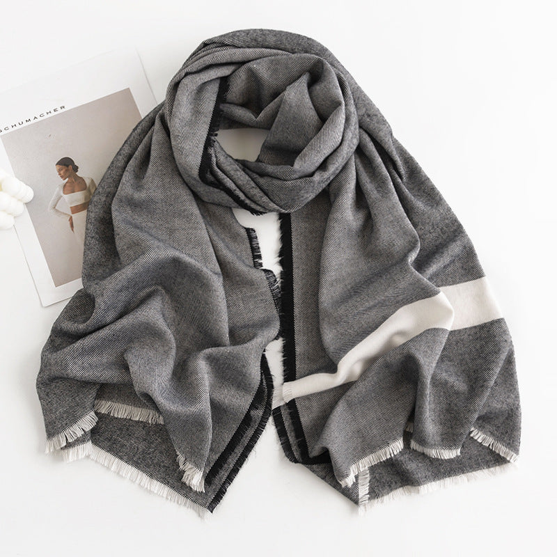 Cachecol Estilo Cashmere em Espinha de Peixe com Franjas Feminino