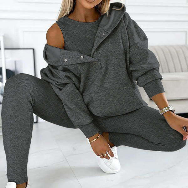 Conjunto Esportivo 3 Peças com Moletom com Capuz Solto, Colete e Calça Slim Feminino
