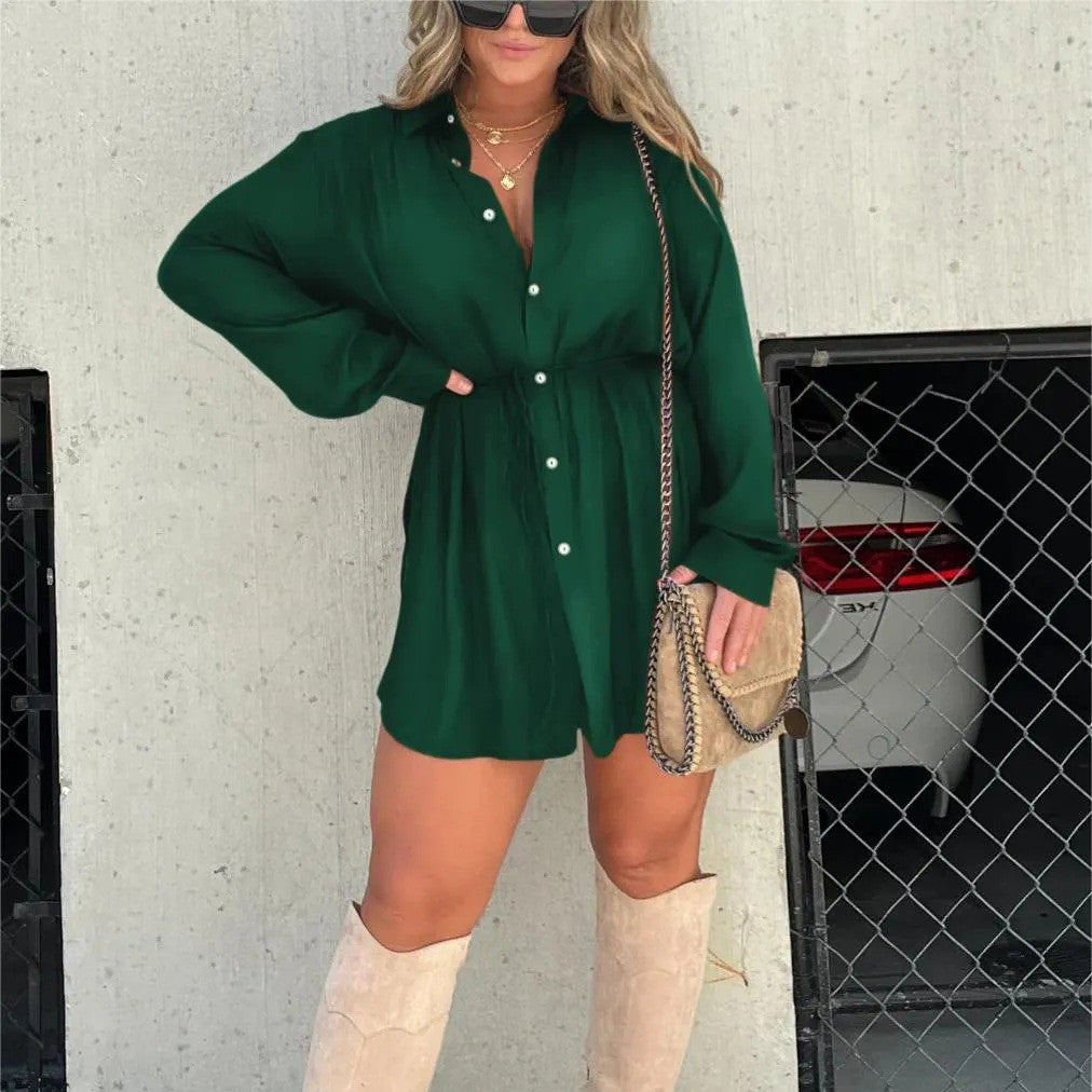 Vestido Camisa Macacão de Manga Longa com Botões Feminino